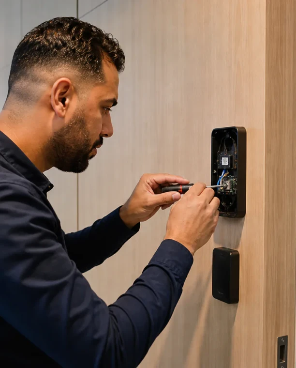 Lecteur de contrôle d'accès installé à l'entrée d'un bâtiment professionnel à Laâyoune