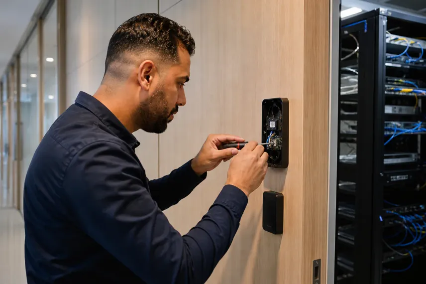 Lecteur de contrôle d'accès installé à l'entrée d'un bâtiment professionnel à Laâyoune