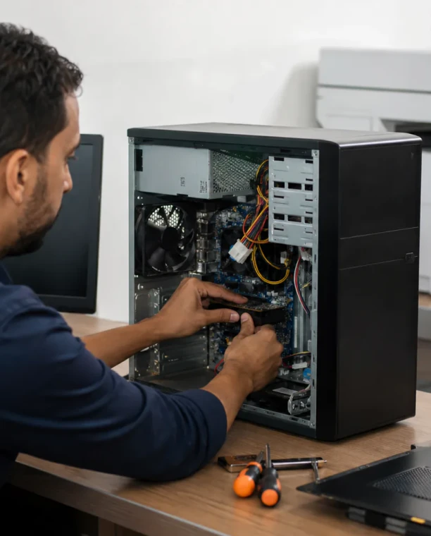 Technicien réparant un poste de travail professionnel dans un bureau à Laâyoune