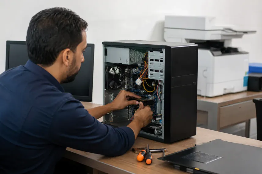 Technicien réparant un poste de travail professionnel dans un bureau à Laâyoune