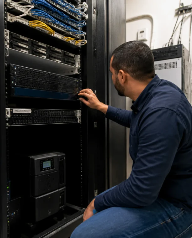 Serveur rack, NAS et onduleur installés dans une petite salle serveur à Laâyoune