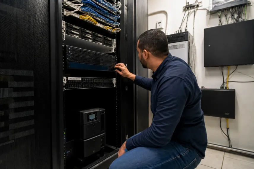 Serveur rack, NAS et onduleur installés dans une petite salle serveur à Laâyoune