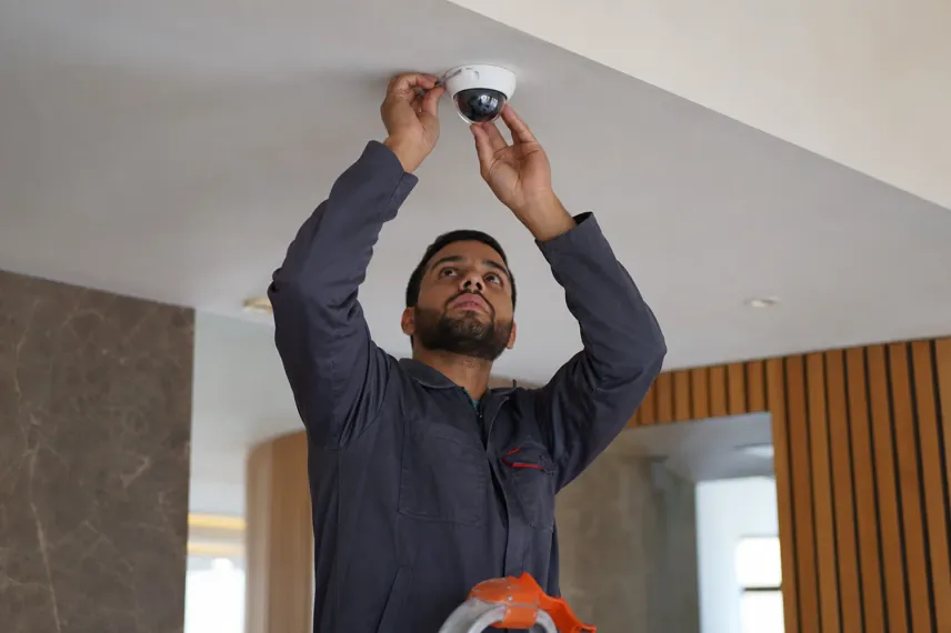 Installation d'une caméra IP sous le plafond d'un bâtiment professionnel à Laâyoune